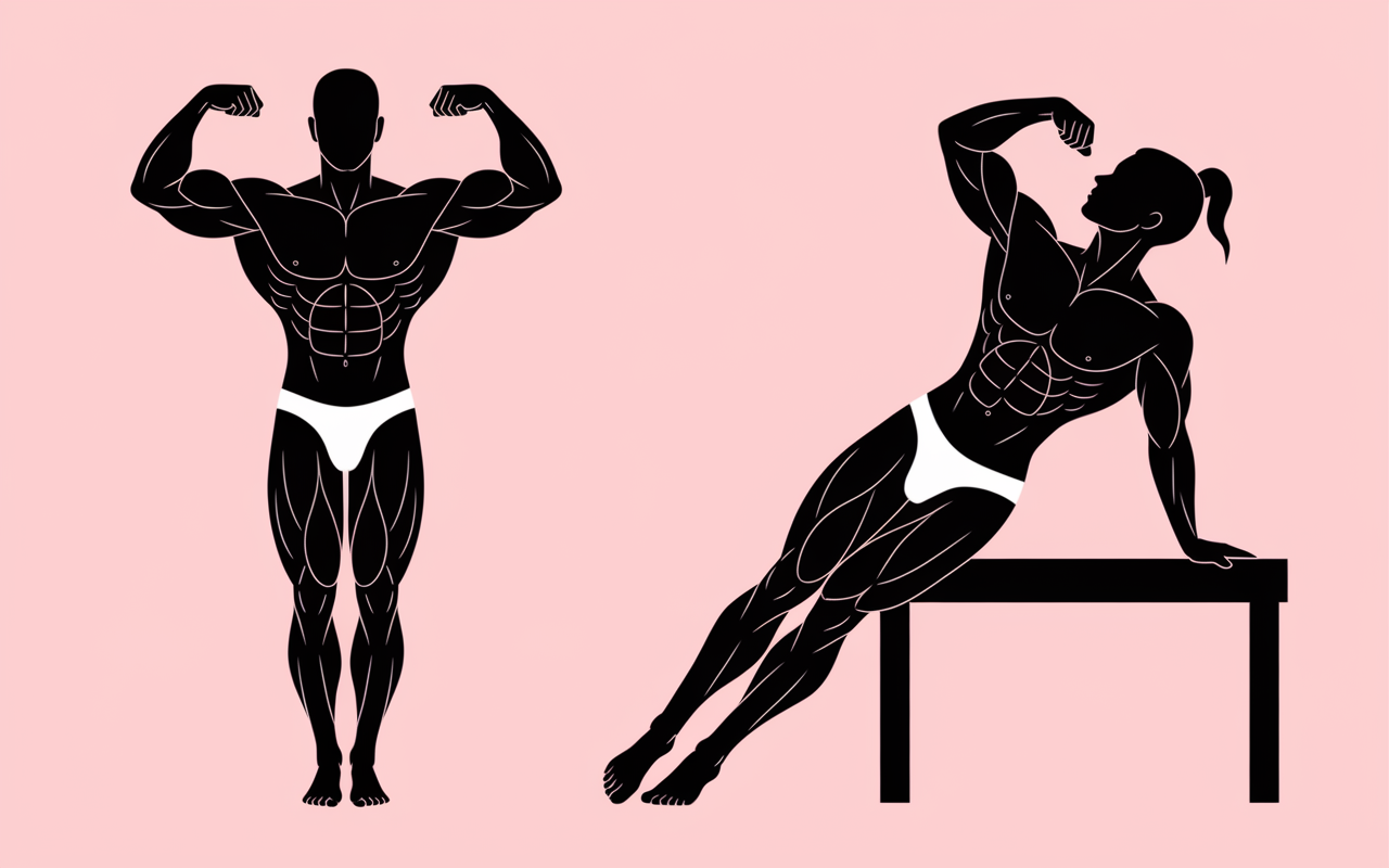 Silhouette pompes classiques et inclinées, pectoraux accentués