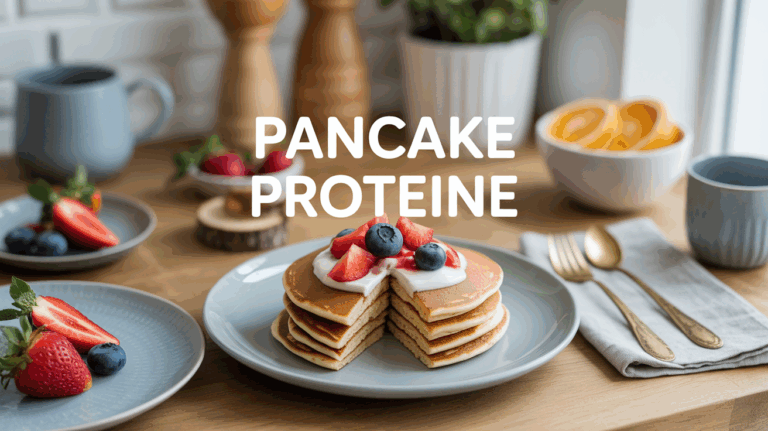 pancakes proteines avec fruits et yaourt sur table en bois