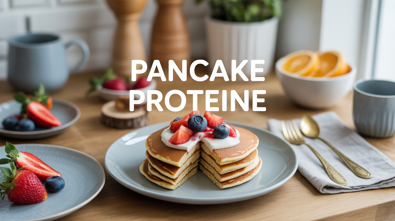 pancakes proteines avec fruits et yaourt sur table en bois