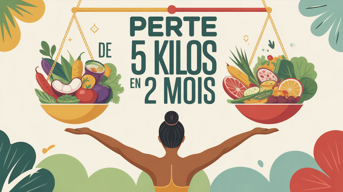 Illustration perte 5 kilos en 2 mois balance et assiette saine