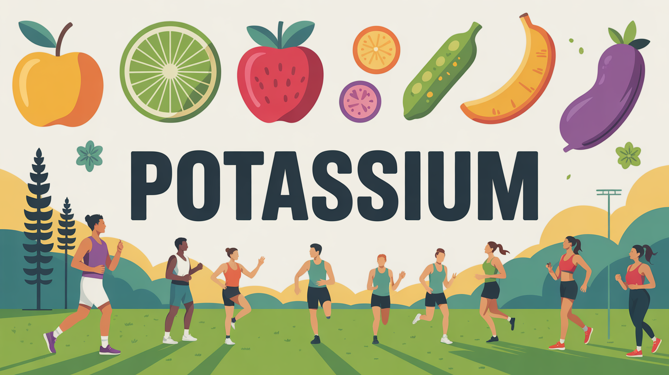 Scène sportive inclusive avec sportifs, fruits et legumes illustrés, mot POTASSIUM