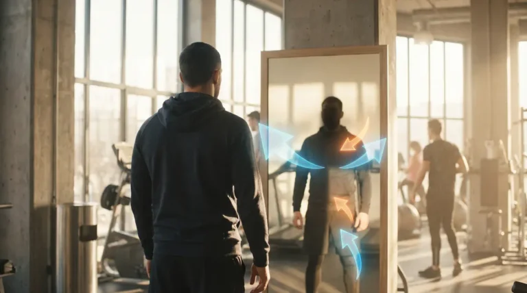 homme silhouette brûleur de graisse devant miroir salle de sport
