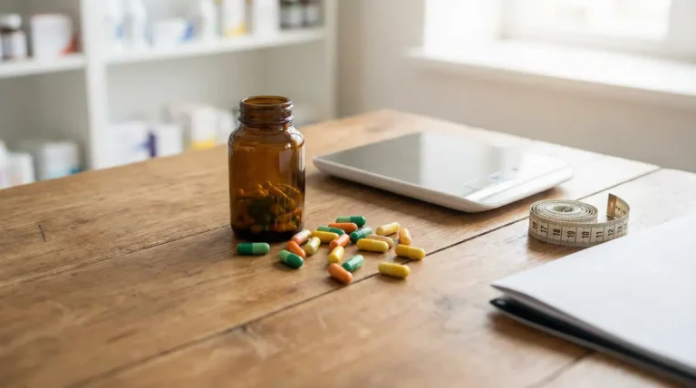 Flacon anonymisé de brûleur de graisse en pharmacie sur balance, capsules et mètre