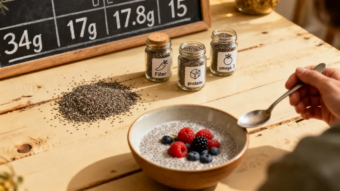 Vue nutriments chia fibres proteines omega3 calcium