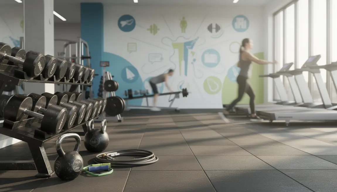 Salle de sport avec haltères et tableau L-carnitine motivant