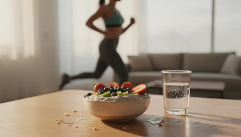 Pudding chia fruits frais et eau petit-déjeuner sportif