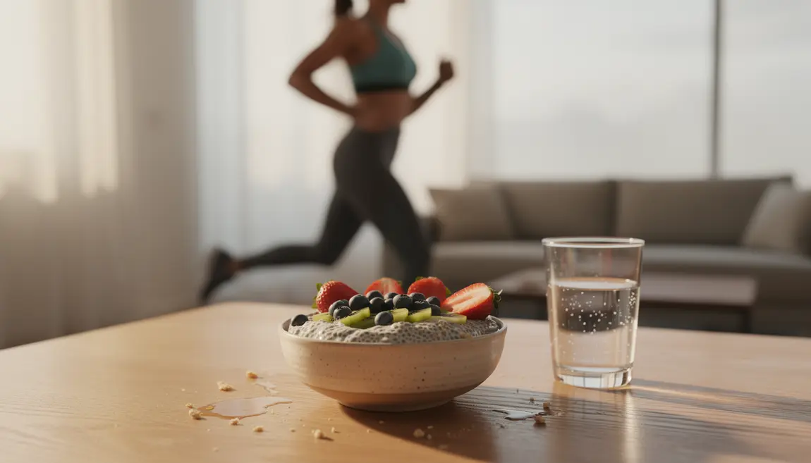 Pudding chia fruits frais et eau petit-déjeuner sportif