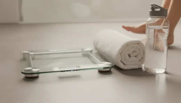 Balance sur sol neutre avec eau et serviette, perte de poids rapide