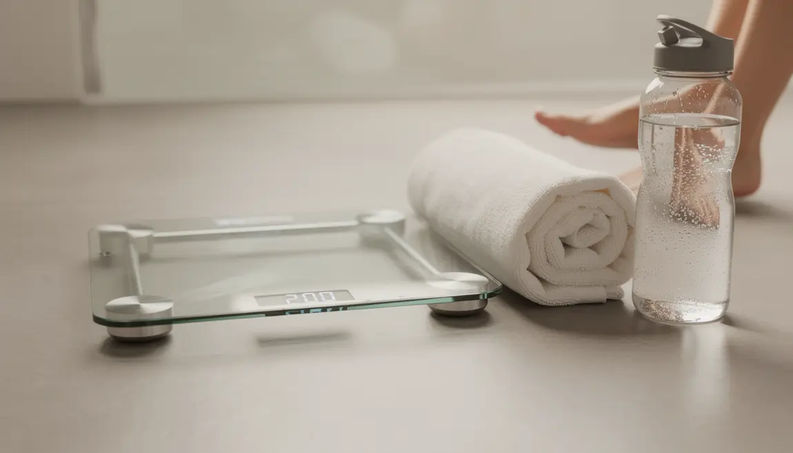 Balance sur sol neutre avec eau et serviette, perte de poids rapide