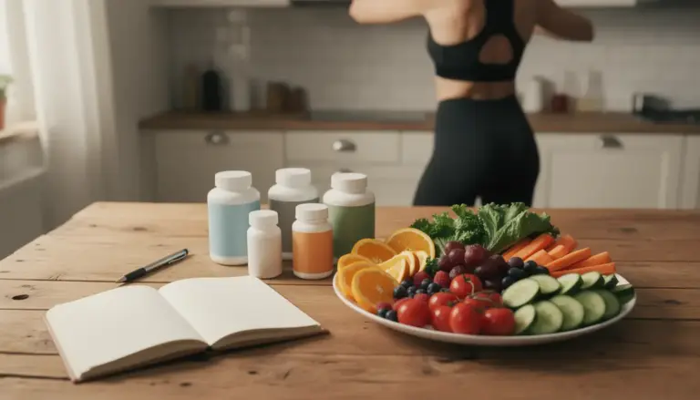 Table avec complements multivitamines et mineraux, fruits, carnet, ambiance energie active