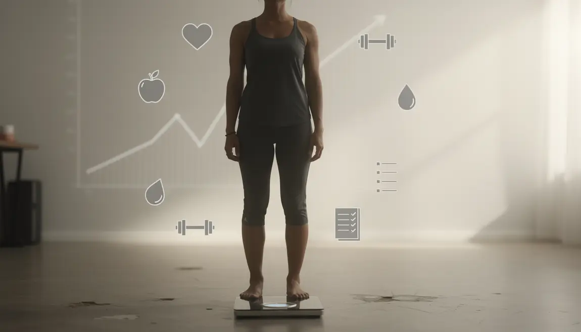 Silhouette sur balance avec symboles santé perdre 10 kilos