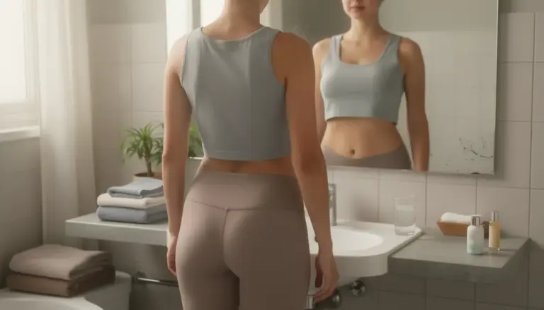 Personnage devant miroir ventre plat salle de bain