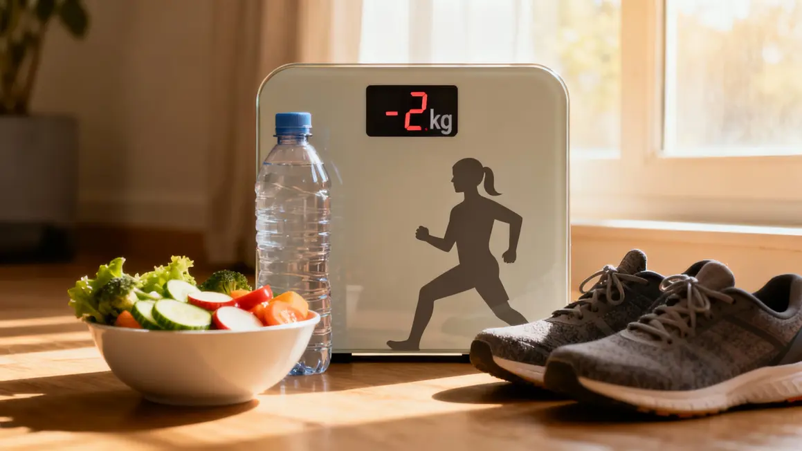 Balance affichant moins 2 kg avec crudités, gourde et baskets