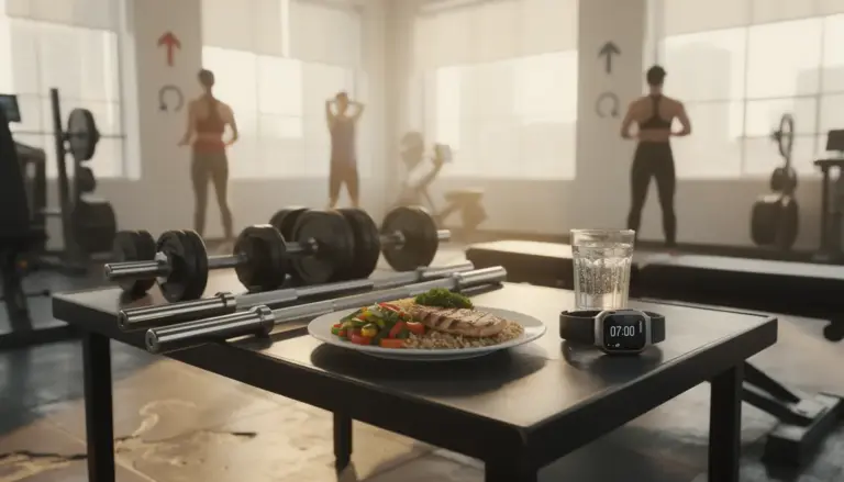 Salle de sport prise de masse, haltères, assiettes équilibrées, hydratation