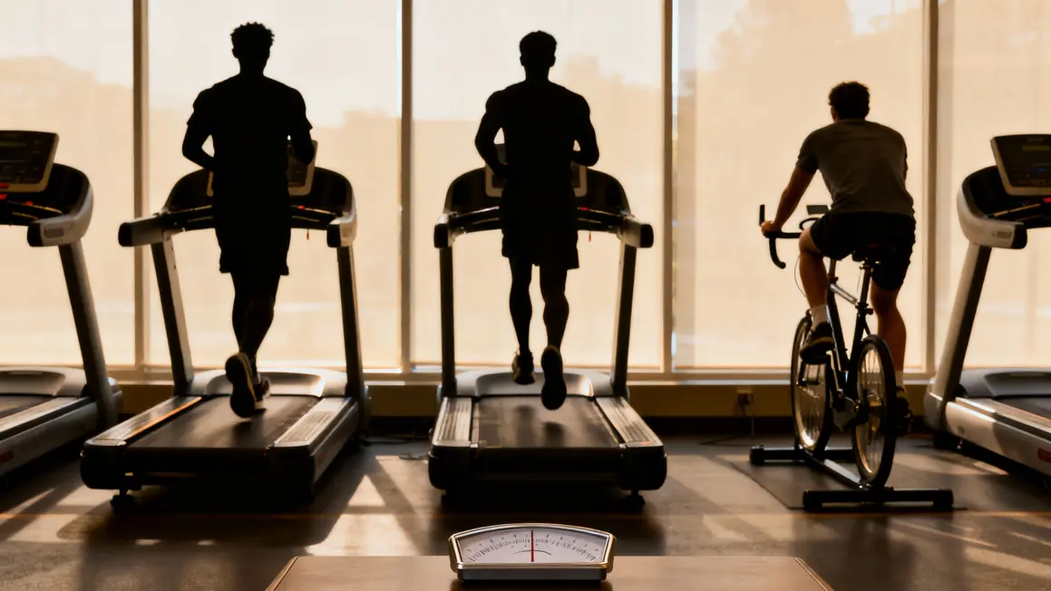 Salle de sport silhouettes sur tapis et vélo, balance visible