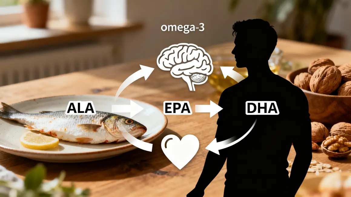 Schéma ALA EPA DHA conversion oméga 3 cerveau cœur