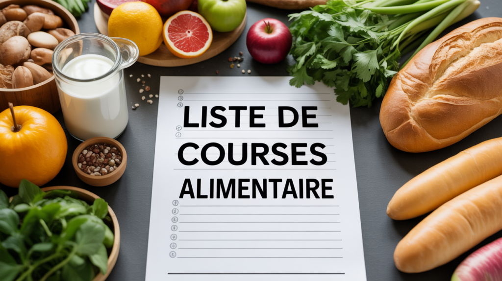 table cuisine moderne avec liste courses alimentaires