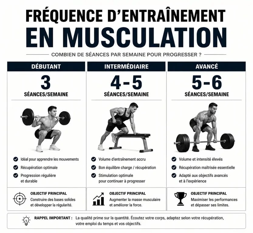 Infographie sur la fréquence idéale de musculation tous les jours selon le niveau