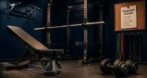 Équipement pour musculation : banc, power rack, barre de traction et haltères modulables en home gym