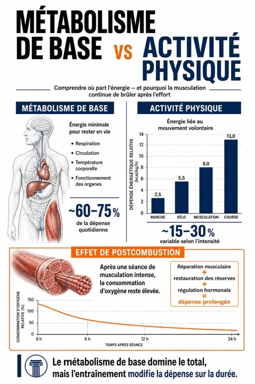 Infographie sur le lien entre métabolisme et musculation : dépense énergétique au repos et effet afterburn