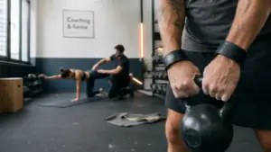 Image de sport en salle : kettlebell et coach