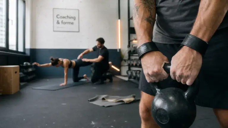 Image de sport en salle : kettlebell et coach