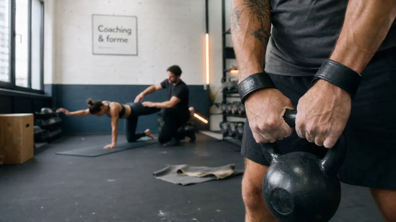 Image de sport en salle : kettlebell et coach