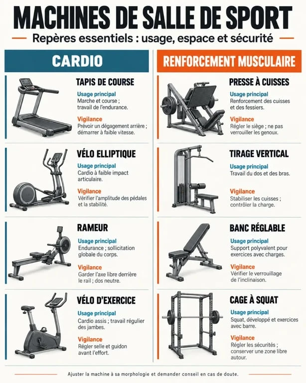 Infographie des machines de salle de sport et de leurs usages