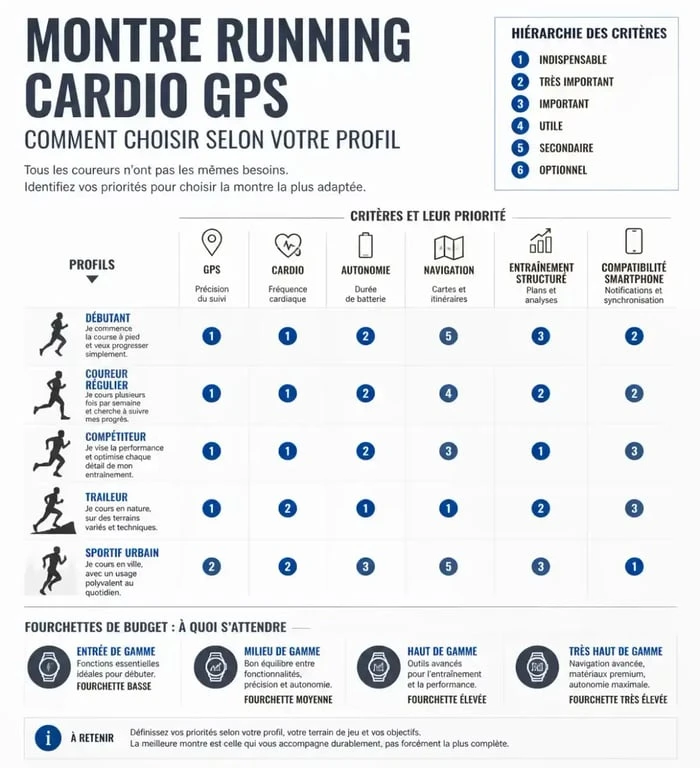 Infographie comparative pour choisir une montre running cardio GPS selon son profil de coureur