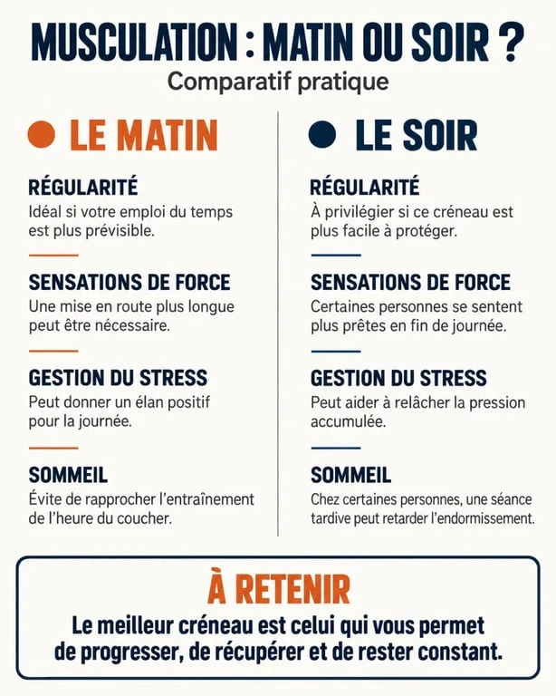 Infographie comparative sur la musculation le matin et le soir
