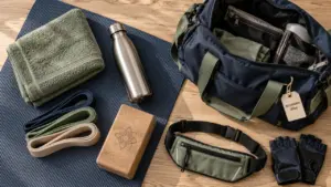 Accessoire pour sport : gourde, serviette, bandes et brique de yoga