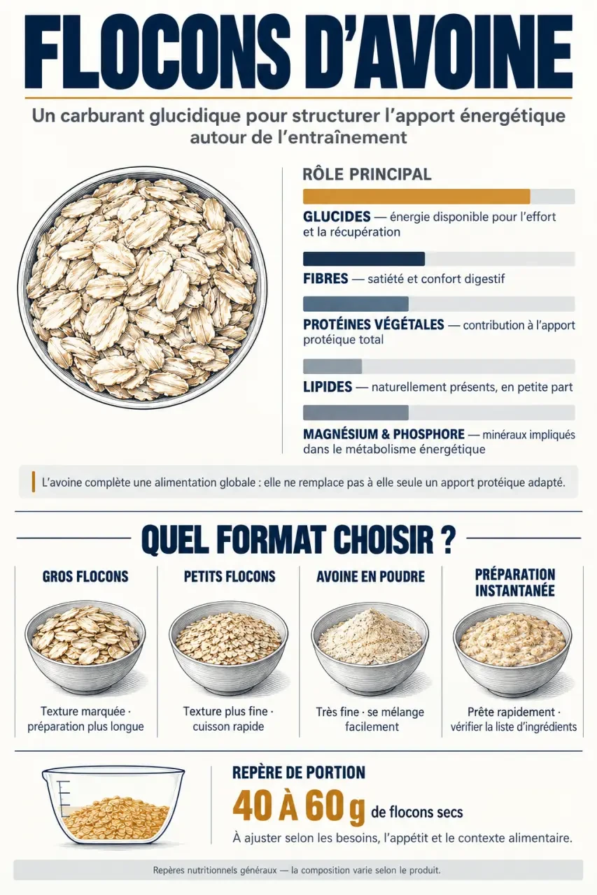 Infographie sur les flocons d’avoine musculation, leurs apports et les différentes formes