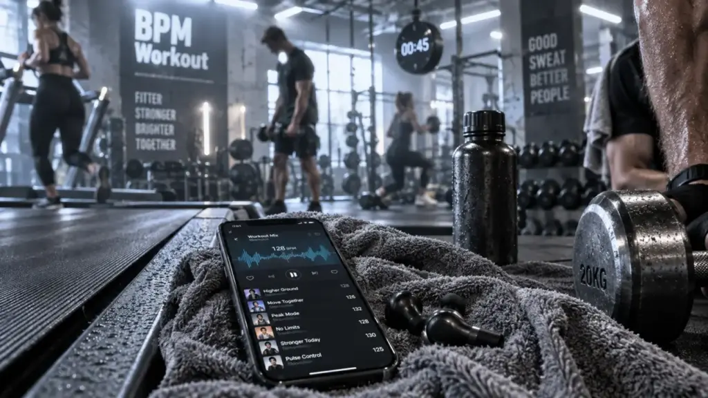 Musique fitness : playlist BPM sur smartphone en salle de sport