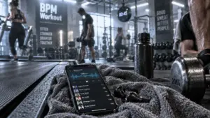 Musique fitness : playlist BPM sur smartphone en salle de sport