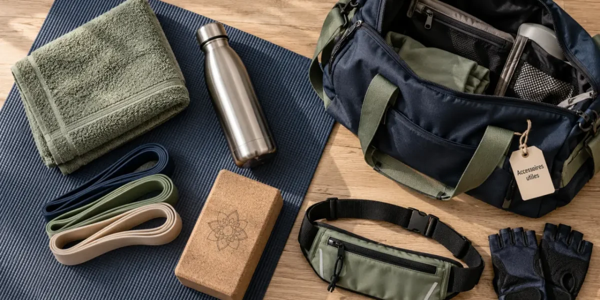 Accessoire pour sport : gourde, serviette, bandes et brique de yoga