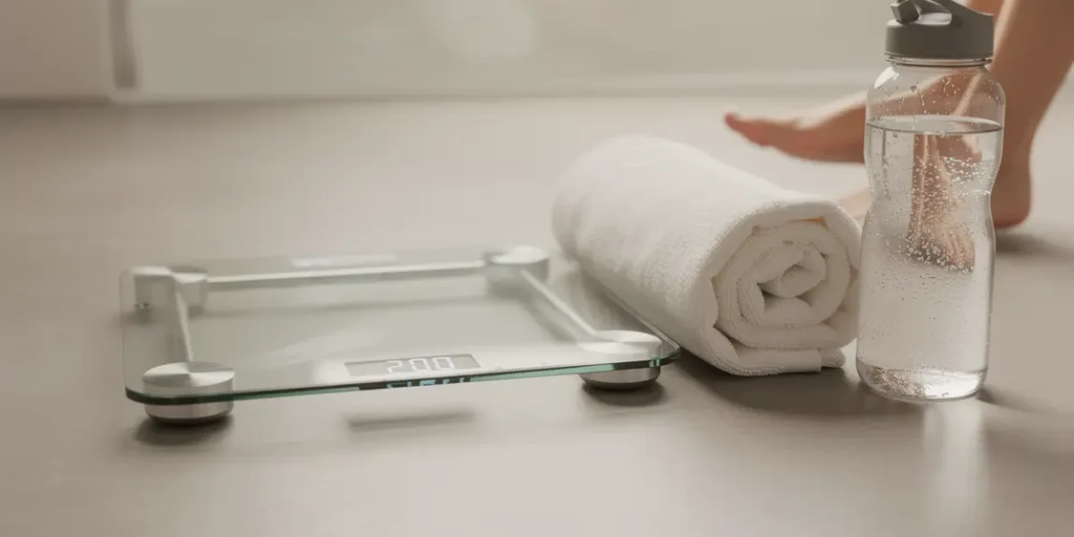 Balance sur sol neutre avec eau et serviette, perte de poids rapide