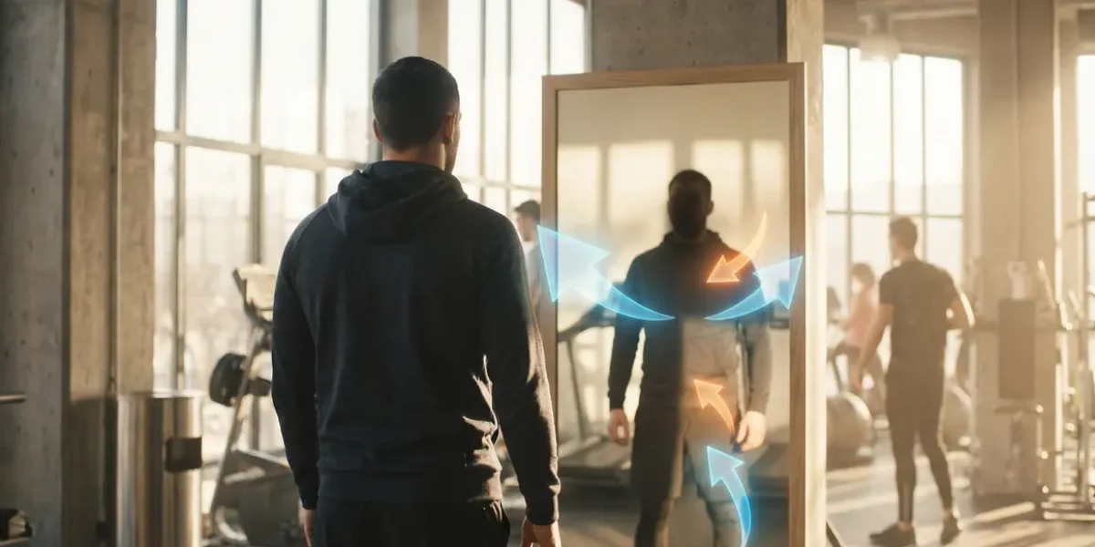 homme silhouette brûleur de graisse devant miroir salle de sport