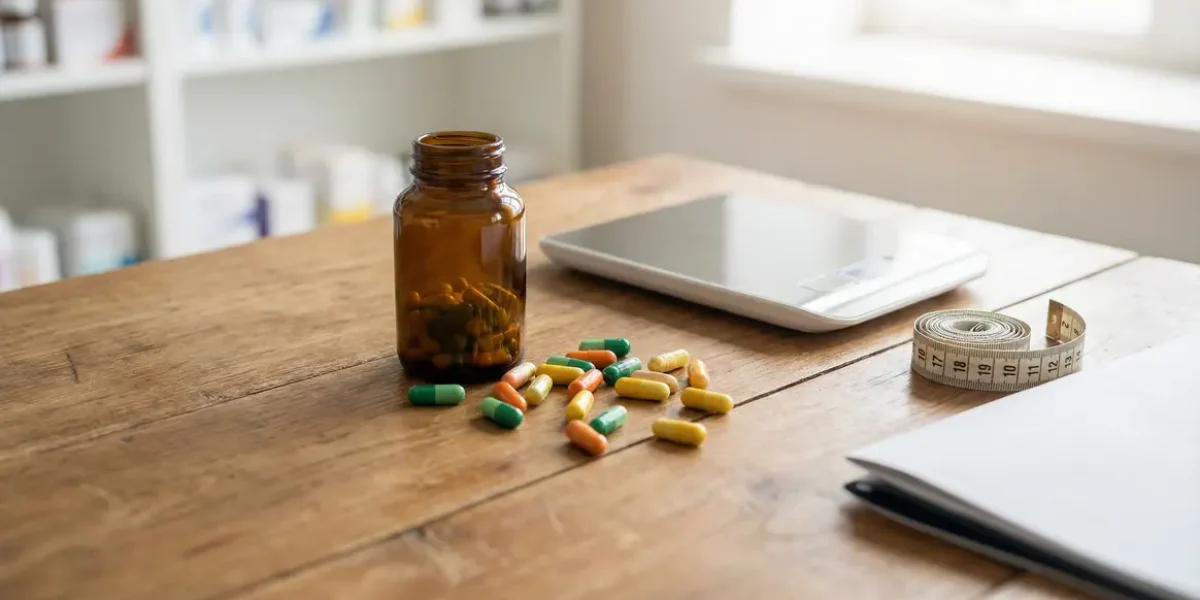 Flacon anonymisé de brûleur de graisse en pharmacie sur balance, capsules et mètre