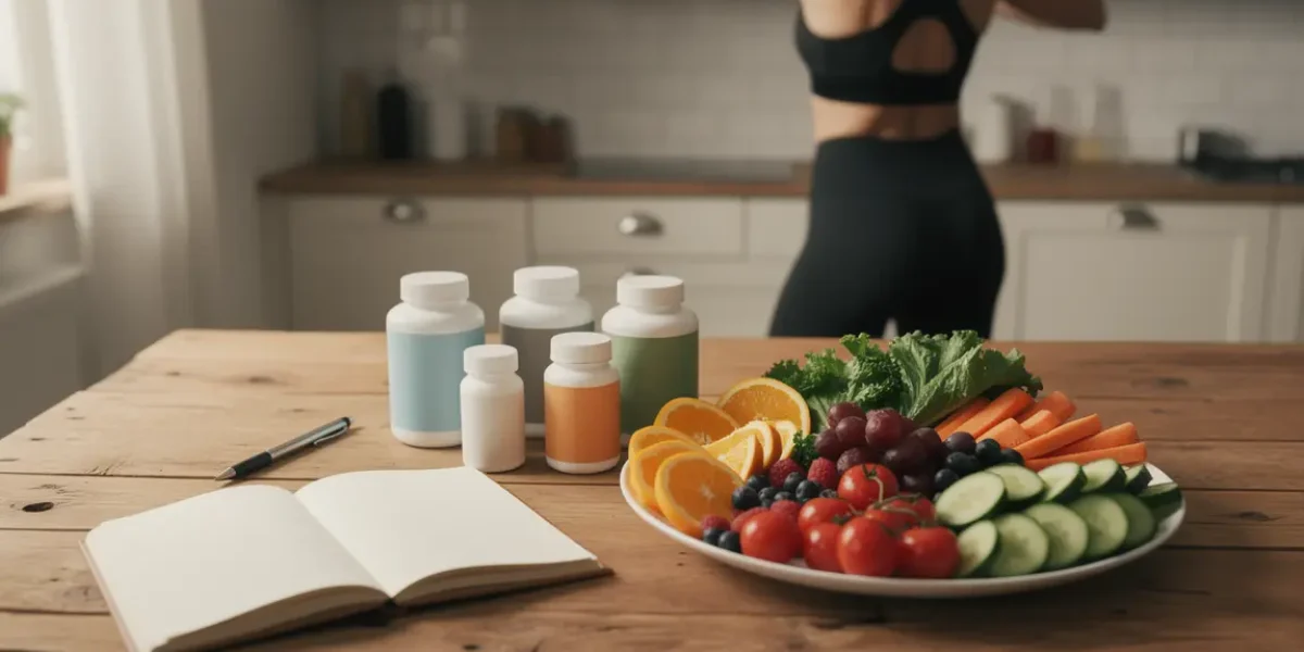 Table avec complements multivitamines et mineraux, fruits, carnet, ambiance energie active