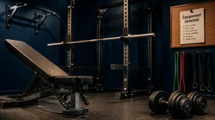 Équipement pour musculation : banc, power rack, barre de traction et haltères modulables en home gym