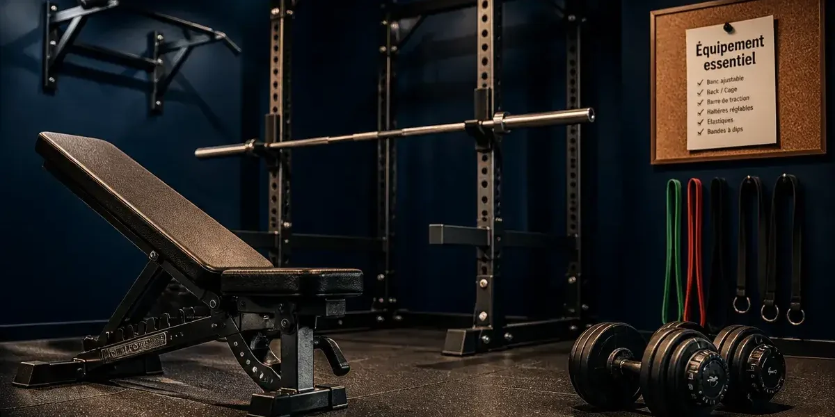 Équipement pour musculation : banc, power rack, barre de traction et haltères modulables en home gym