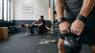 Image de sport en salle : kettlebell et coach