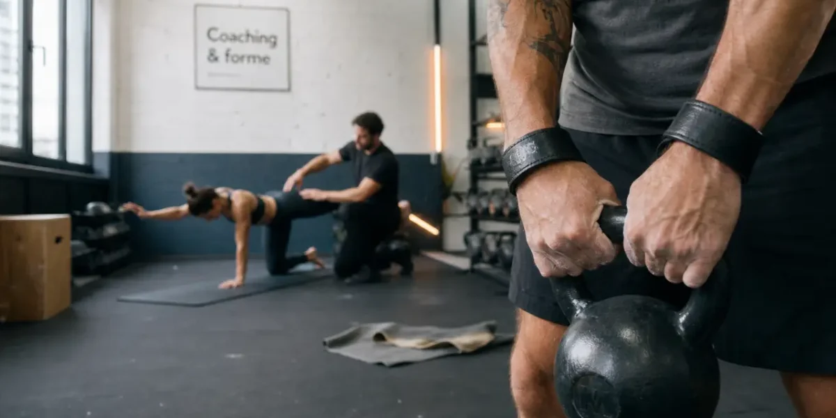 Image de sport en salle : kettlebell et coach