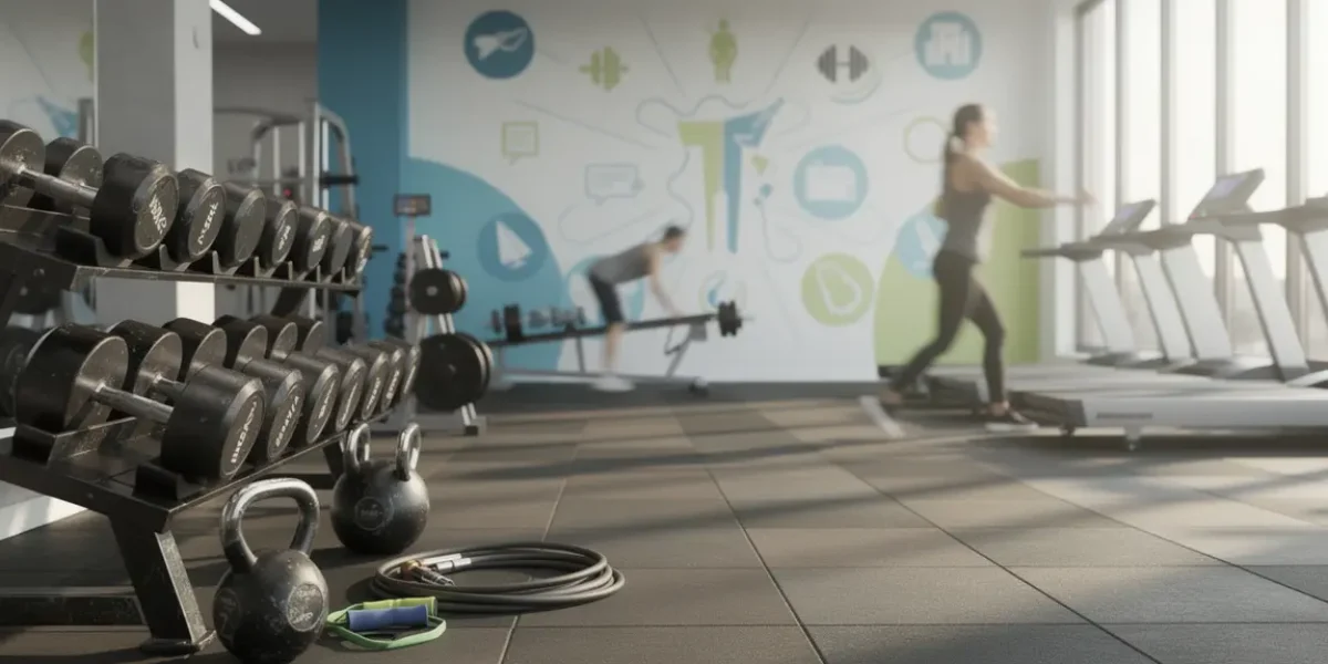 Salle de sport avec haltères et tableau L-carnitine motivant
