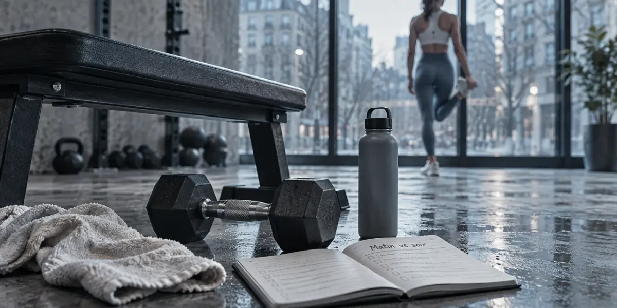 Musculation le matin : banc et haltère pour échauffement régulier