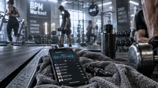 Musique fitness : playlist BPM sur smartphone en salle de sport
