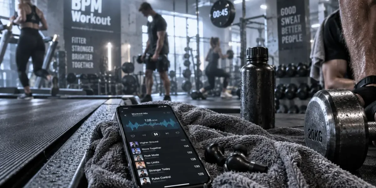 Musique fitness : playlist BPM sur smartphone en salle de sport