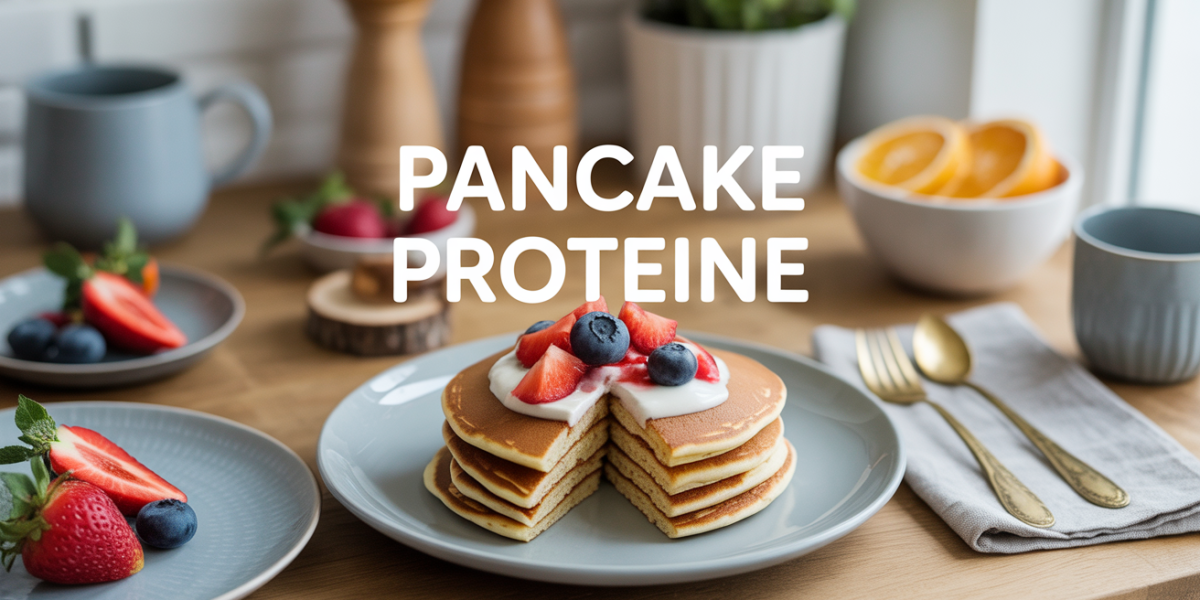pancakes proteines avec fruits et yaourt sur table en bois