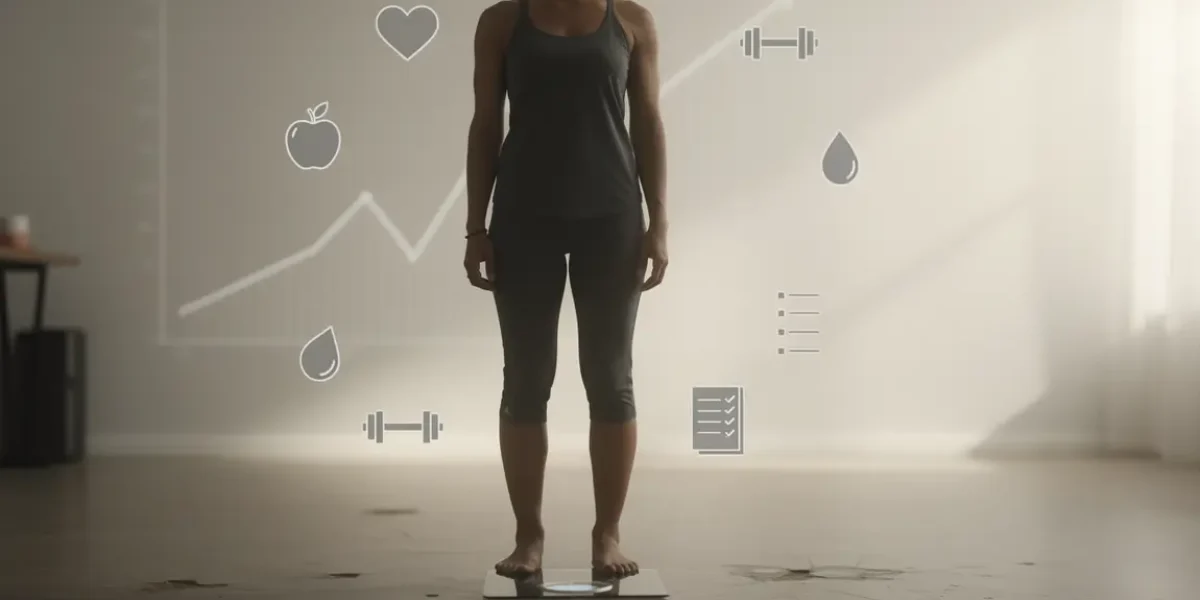 Silhouette sur balance avec symboles santé perdre 10 kilos