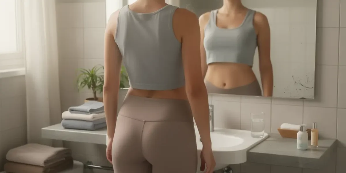 Personnage devant miroir ventre plat salle de bain